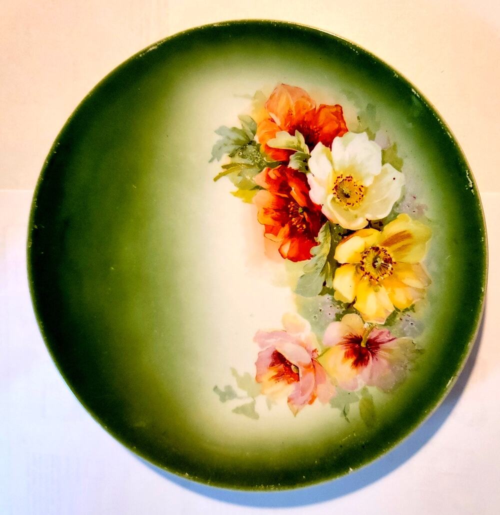 VNTG Grass Green Plate Hand Painted Delicate Pastel Flowers 8" Marked Germany